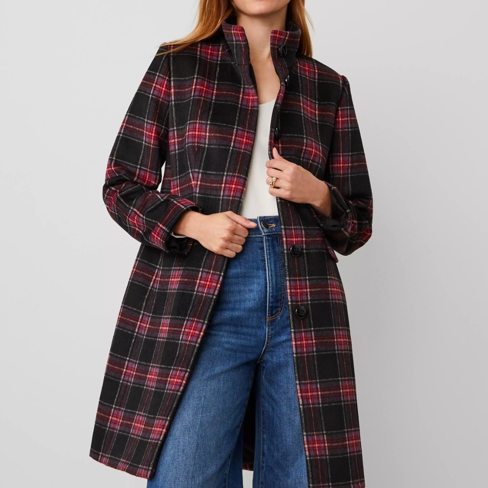 Ann Taylor Funnel Neck Plaid Coat Size Large NWT